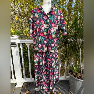 Vintage 1990s Oscar de la Renta Floral skirt and button down shirt set